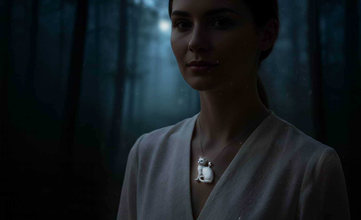 Woman with a cat pendant in the forest
